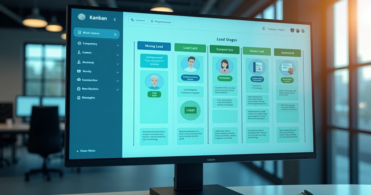 Quadro Kanban de leads em CRM com automação de IA