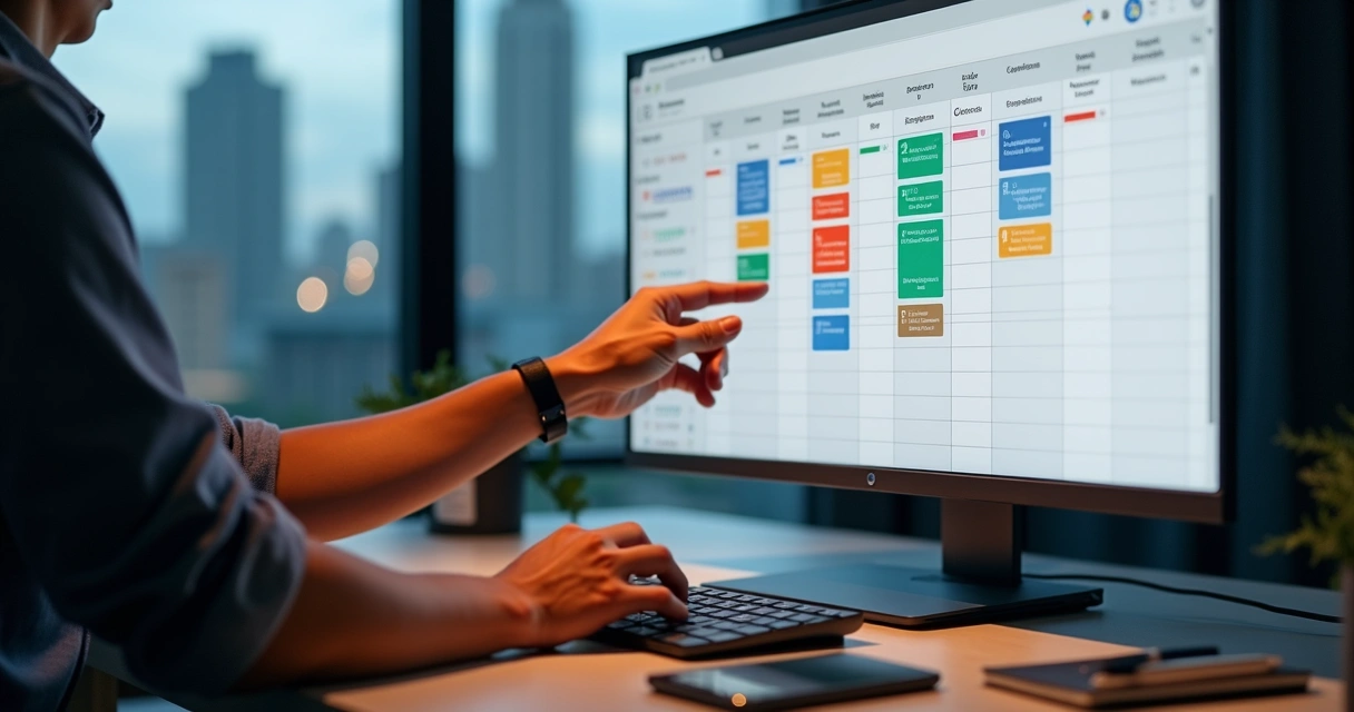 Quadro kanban digital de vendas com cards de leads coloridos em tela widescreen 