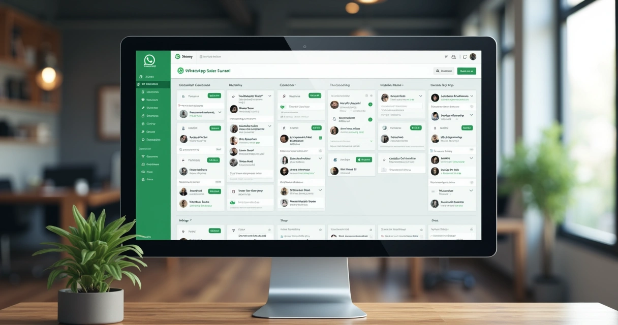 Tela de CRM estilo kanban integrado ao WhatsApp, colunas, cards e interface intuitiva 