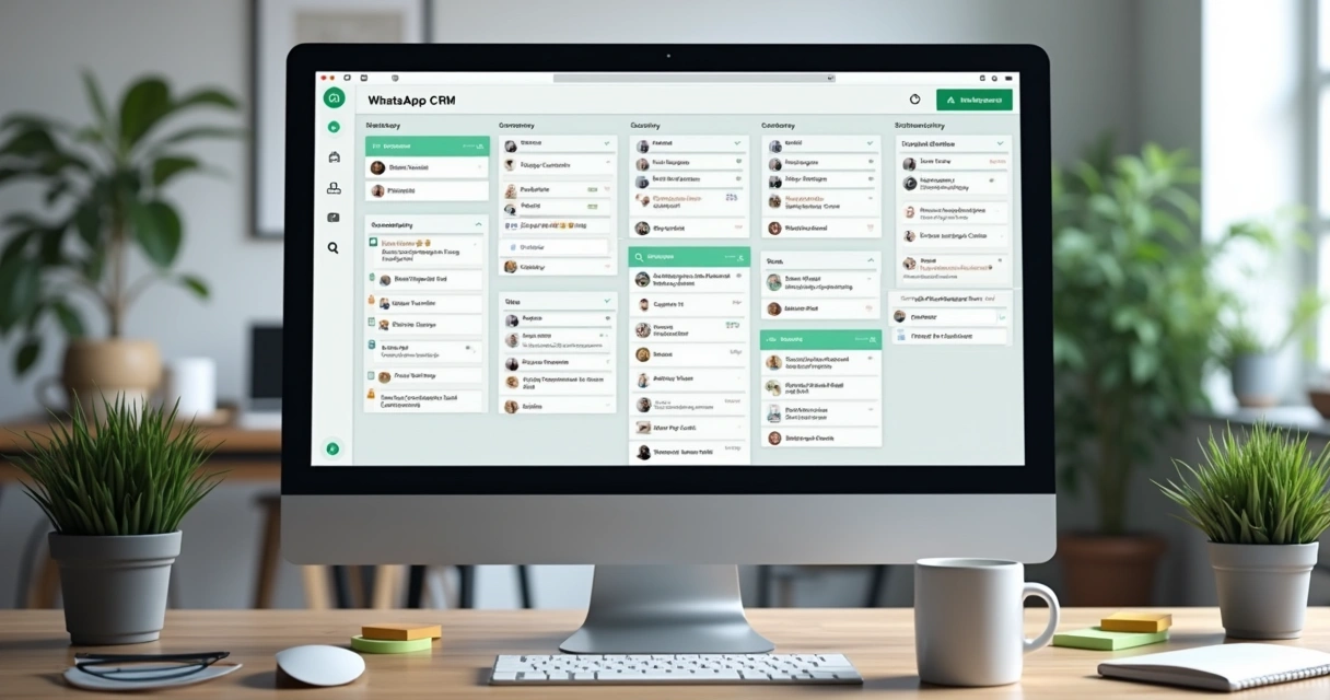 Interface de CRM kanban com cards integrados ao WhatsApp