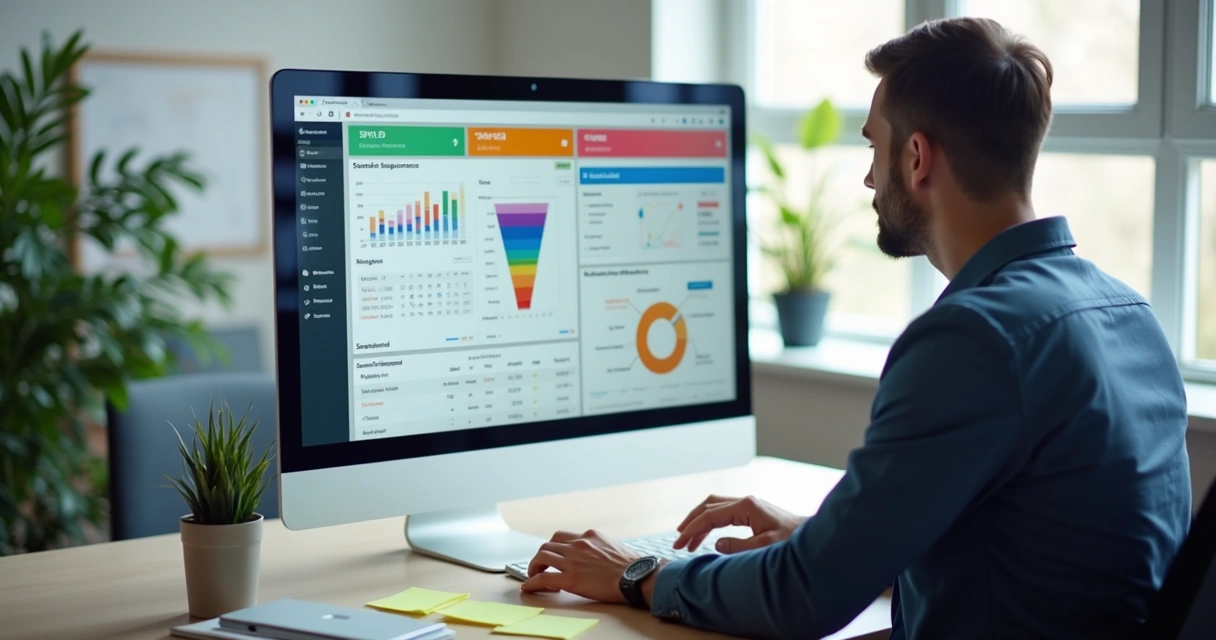 Corretor acompanhando leads no computador com gráficos e funil de vendas na tela 