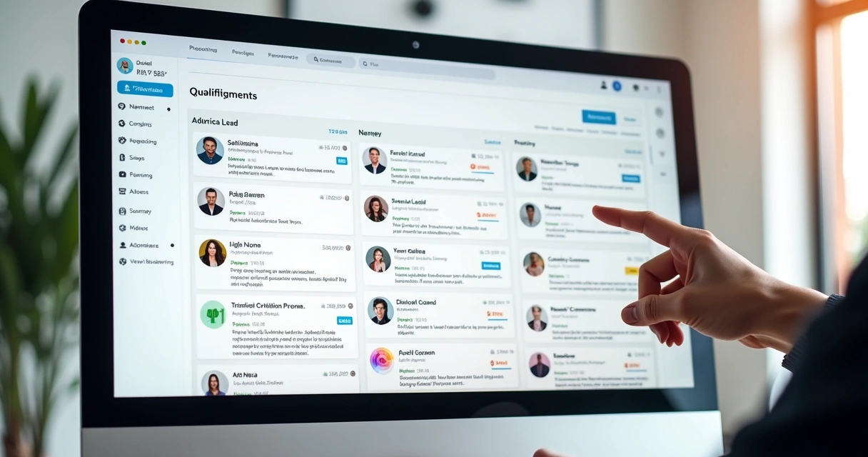 Painel de CRM imobiliário com lista de leads em diferentes níveis de qualificação 