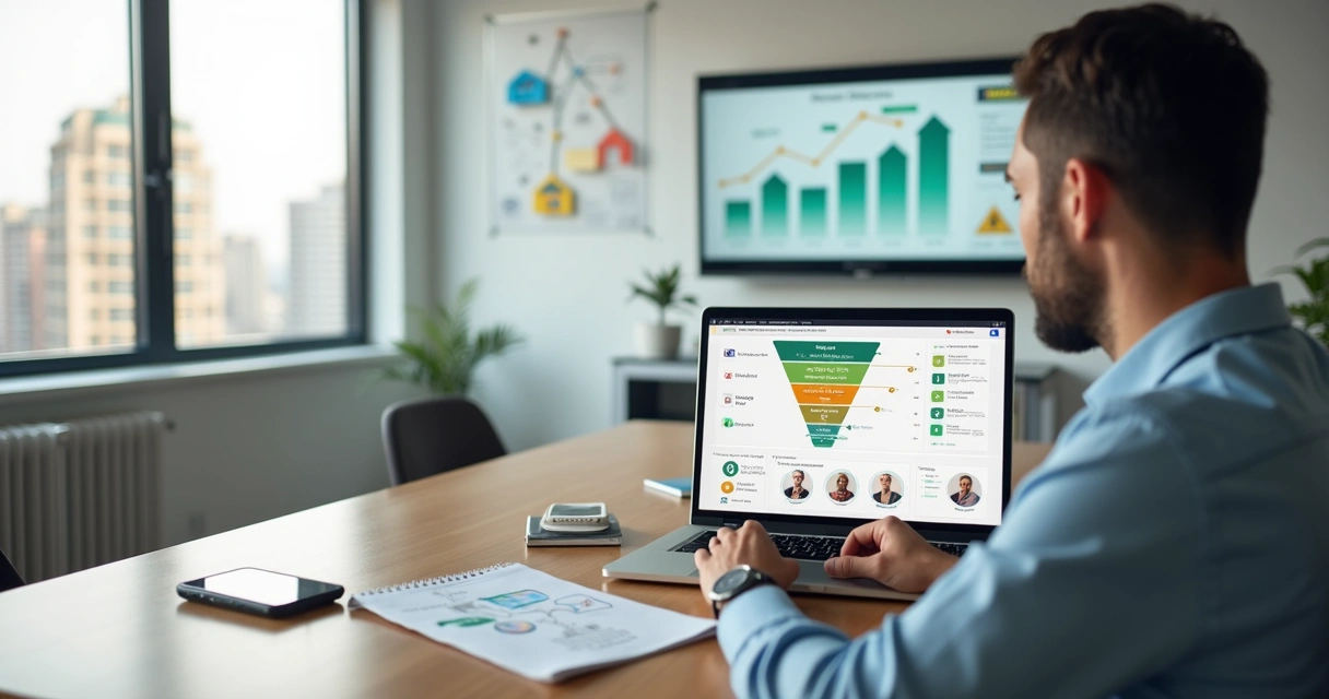 Corretor usando CRM imobiliário em laptop com funil de leads na tela 