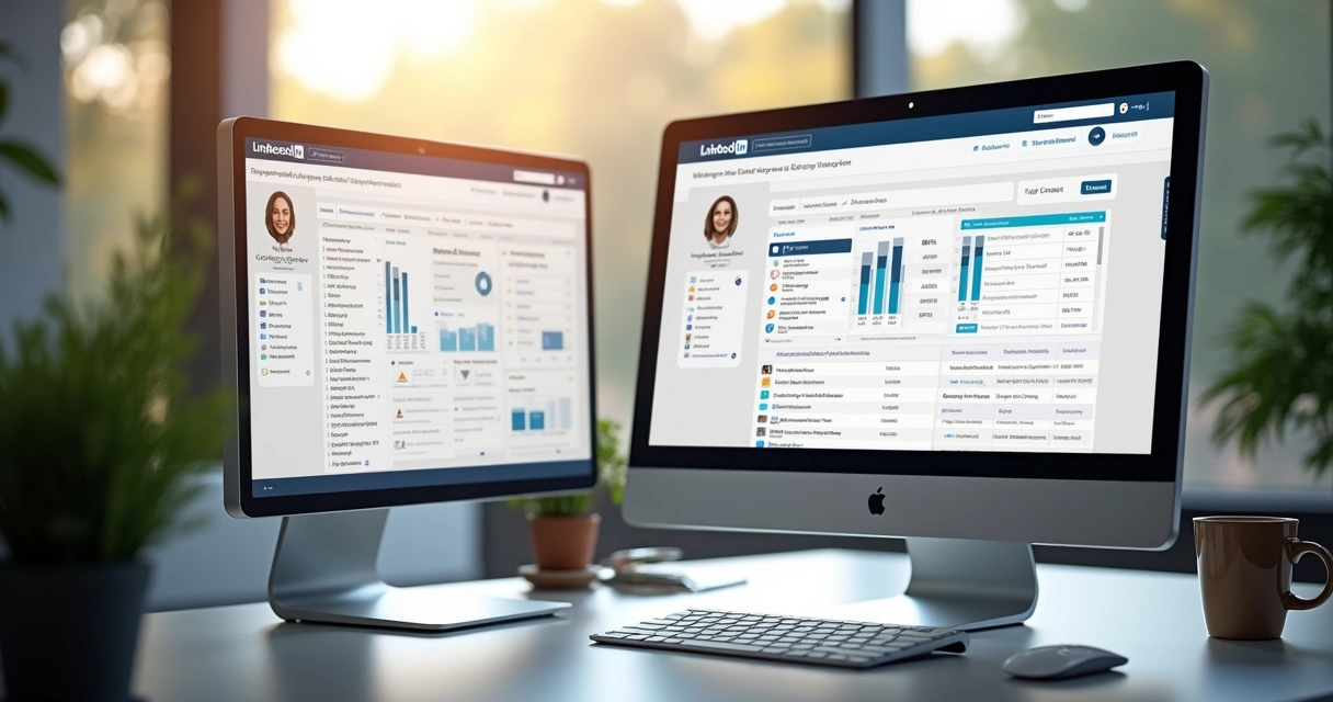 Tela dividida entre CRM com detalhes de contato e LinkedIn exibindo perfil profissional