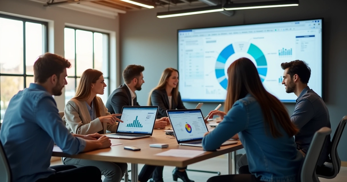 Equipe de marketing digital analisando dados em CRM no escritório 