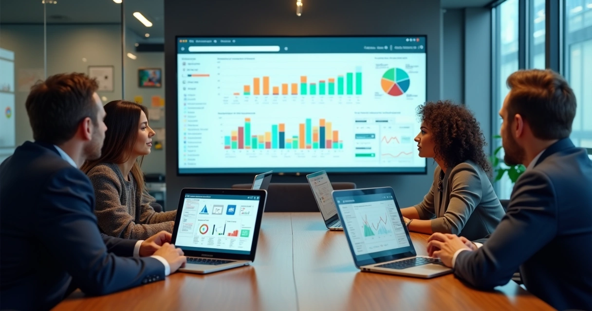 Gestores analisando dados de CRM em ampla tela com gráficos de vendas e relacionamento 