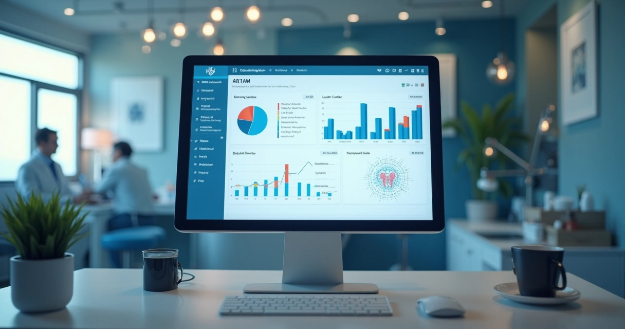 Tela de CRM odontológico com gráficos e inteligência artificial destacada 