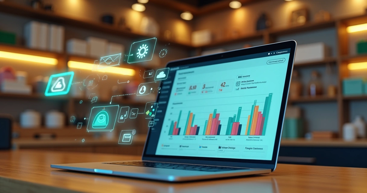 Loja pequena com painel digital de CRM exibindo funil e conversas no WhatsApp 