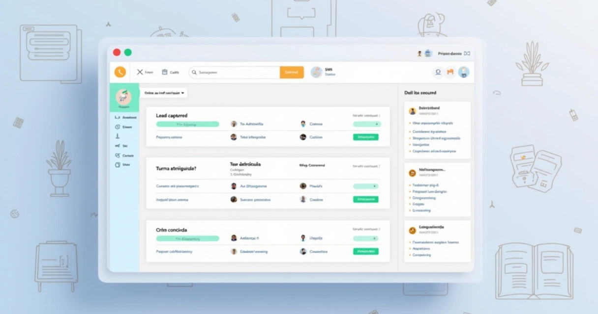 Painel de CRM com fluxo visual mostrando captação de leads, etapas de matrícula e avisos de pagamento para escola de idiomas 