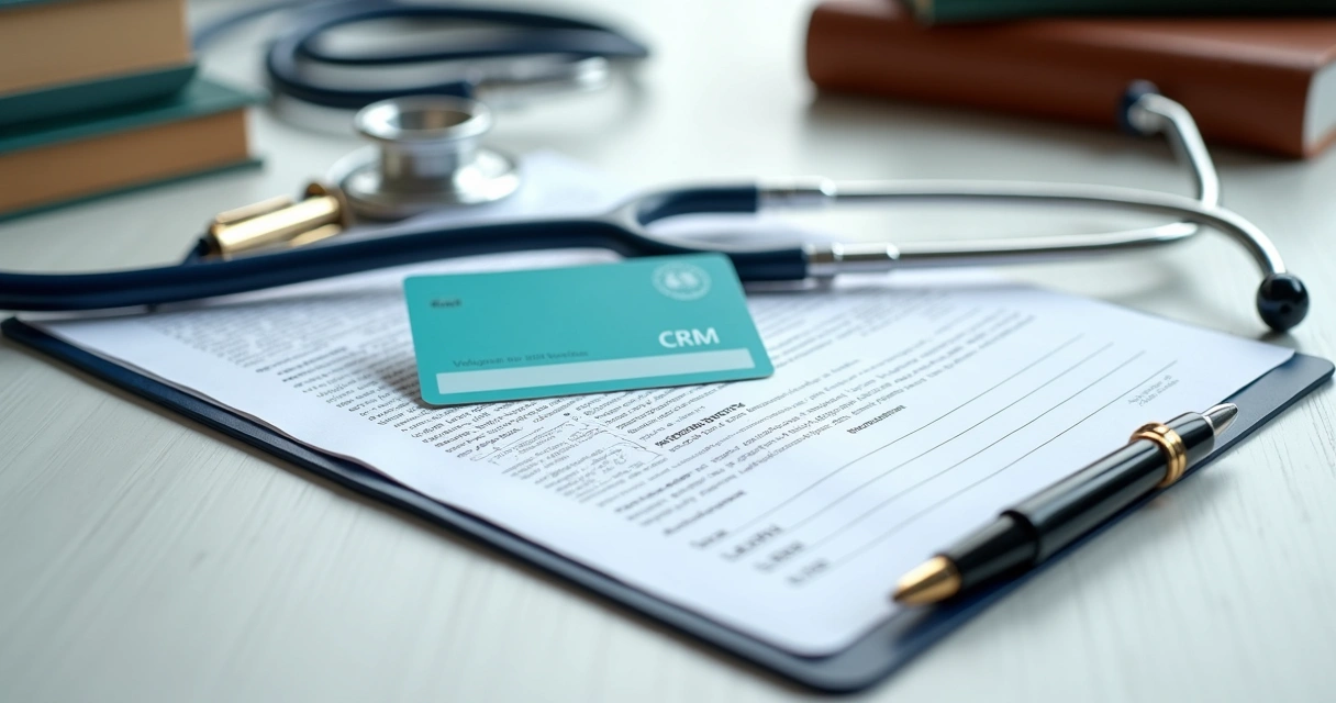 Carteira de CRM médico sobre prancheta com estetoscópio e documentos 