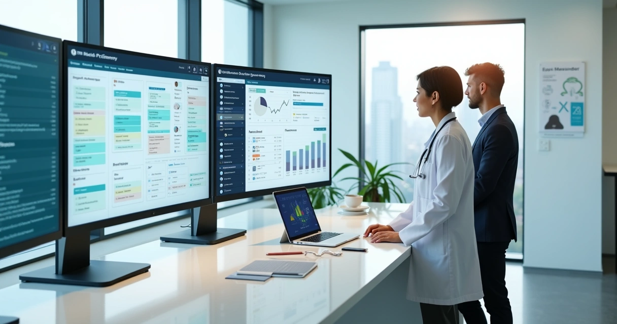 Equipe de clínica avaliando painel digital com dados de pacientes e marketing médico 