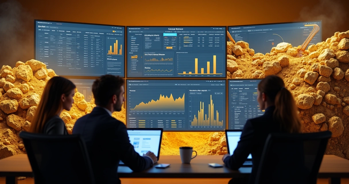 Sala moderna com profissionais analisando um CRM como se fosse uma mina de ouro
