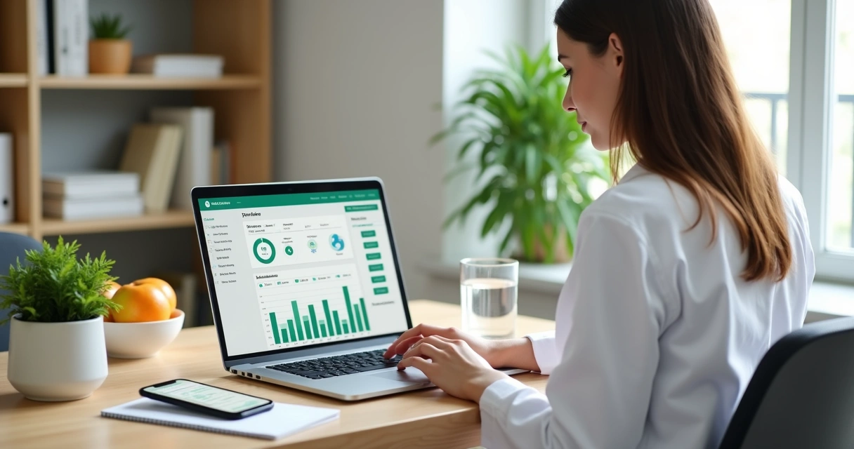 Nutricionista usando CRM em notebook com tela de WhatsApp e dados de pacientes 