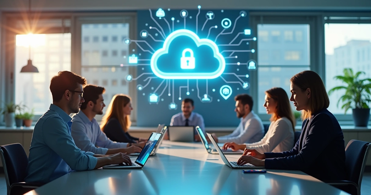 Equipe política trabalhando em computadores conectados à nuvem 