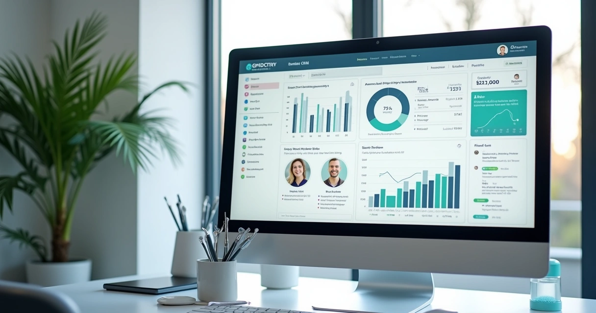 Painel de CRM odontológico em tela de computador mostrando agendamento, funil de vendas e comunicação integrada 