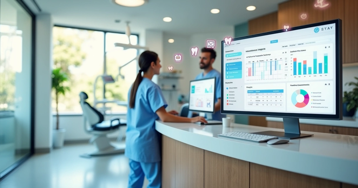 Dentista analisando painel de CRM odontológico em clínica moderna 