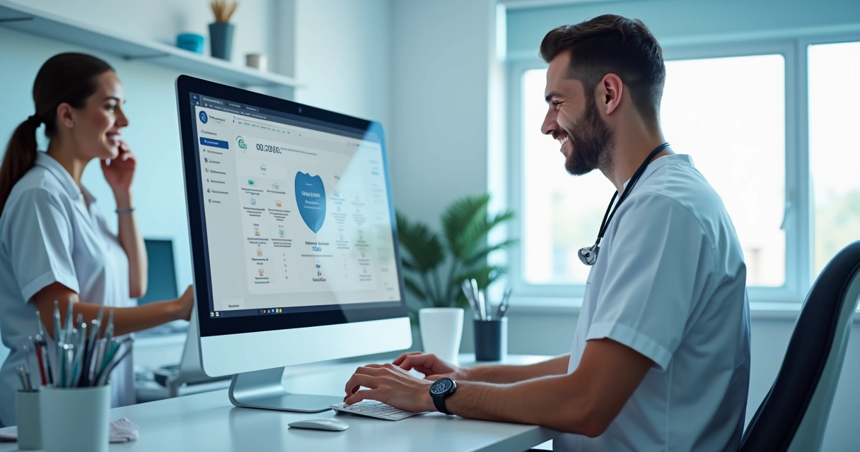 Dentista usando sistema CRM odontológico no computador dentro do consultório moderno e organizado 