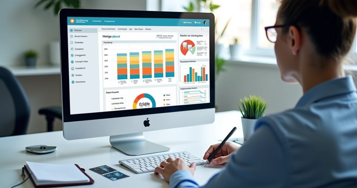 Tela de computador mostrando funil de vendas e indicadores de CRM odontológico 