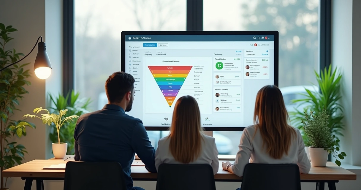 Equipe de atendimento usando CRM para gerenciar leads em clínica odontológica moderna 