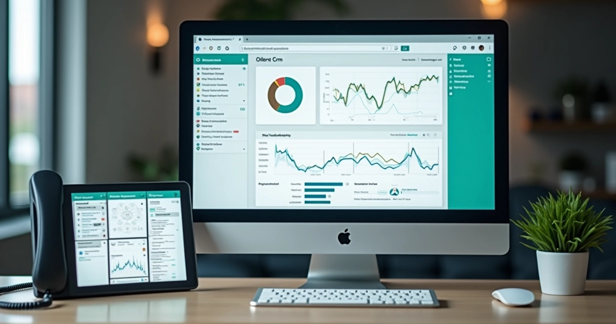 Tela de computador exibindo software CRM odontológico com gráficos e agendas, ao lado mesa com telefone e smartphone mostrando mensagens de WhatsApp 