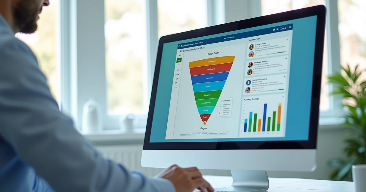 Tela de computador mostrando funil de vendas com leads de clínica odontológica