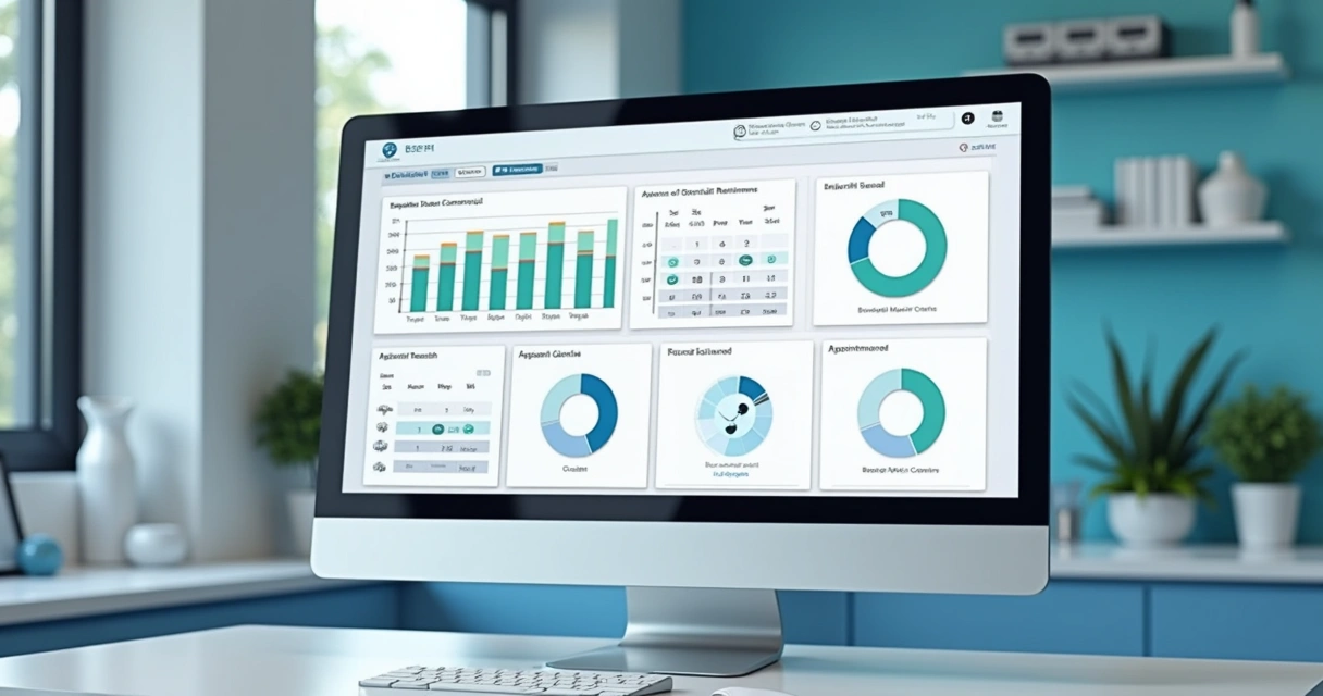 CRM odontológico exibido em tela digital com gráficos de leads e agendamentos
