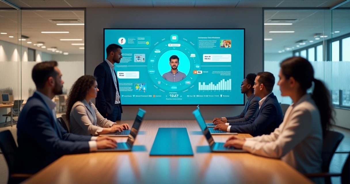 Equipe observando dashboard de CRM omnichannel com múltiplos canais integrados 