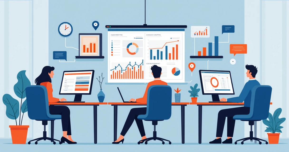 Equipe comercial usando sistema CRM conectado ao ERP, acompanhando vendas em computadores