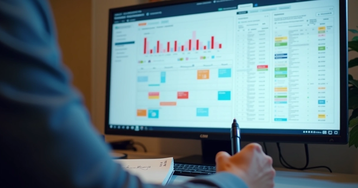 Tela de CRM aberta, mostrando pipeline de prospecção e calendário de atividades. 