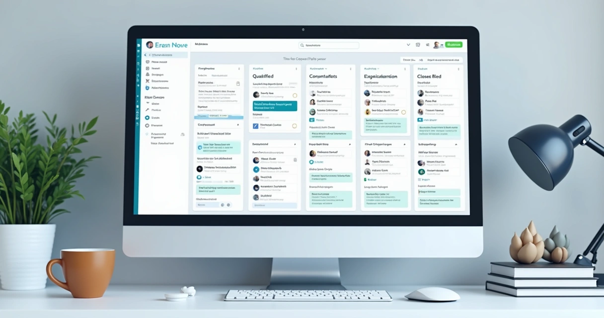 Painel de CRM com quadros kanban mostrando etapas do pipeline 