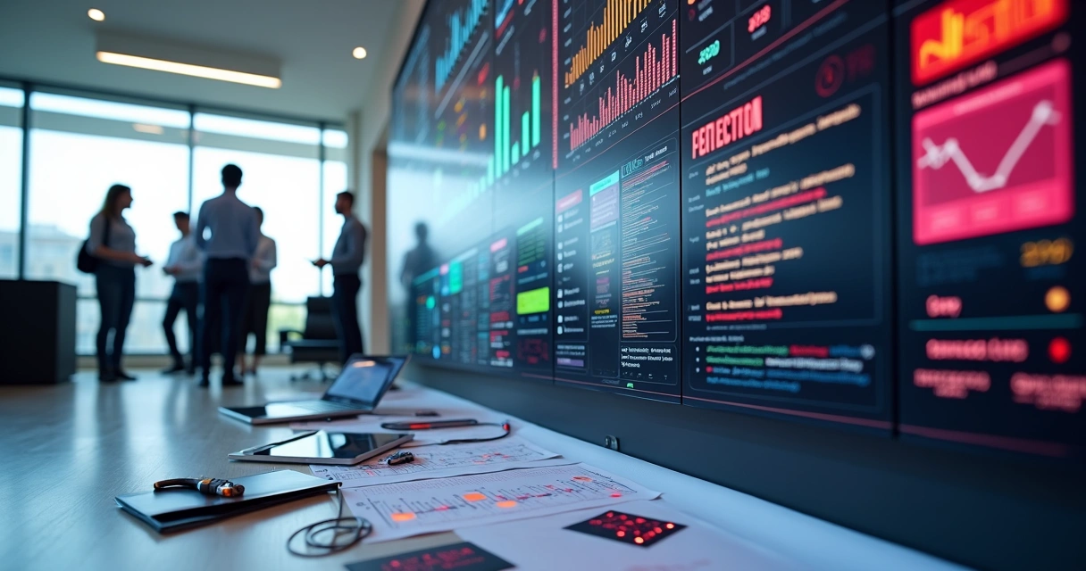 Painel de CRM colorido com widgets desalinhados e falhas aparecendo 