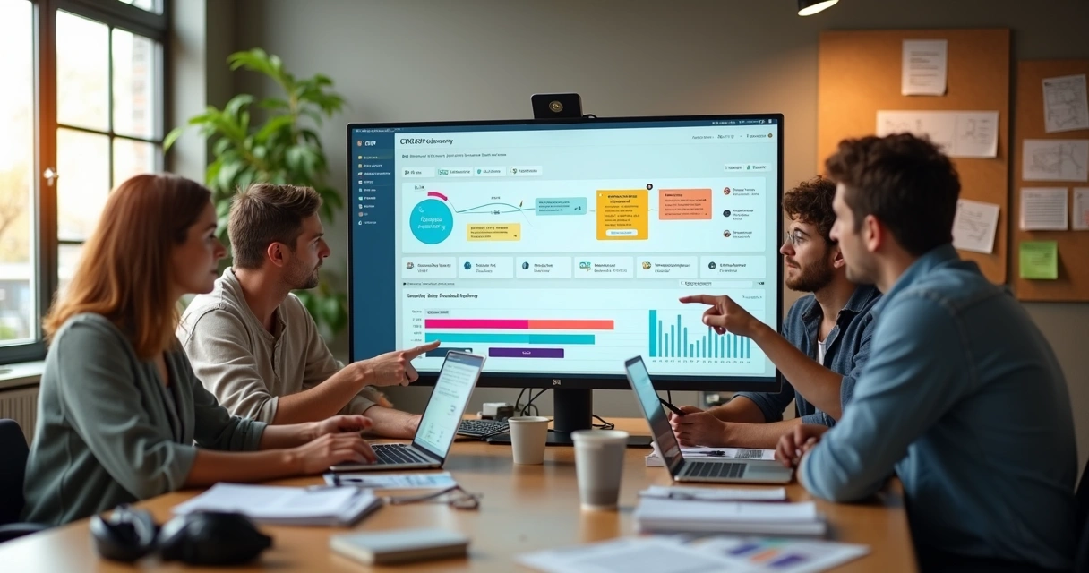 Creative agency team at a large table monitoring sales funnel on a screen with CRM dashboard