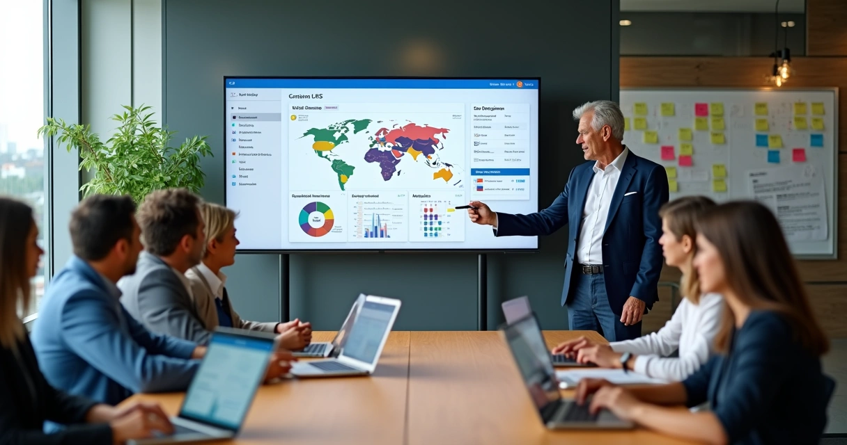 Político e equipe analisando painel de CRM com dados de eleitores em grande tela 