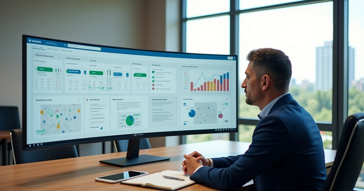 Prefeito em gabinete analisando painel de CRM com dados de cidadãos 