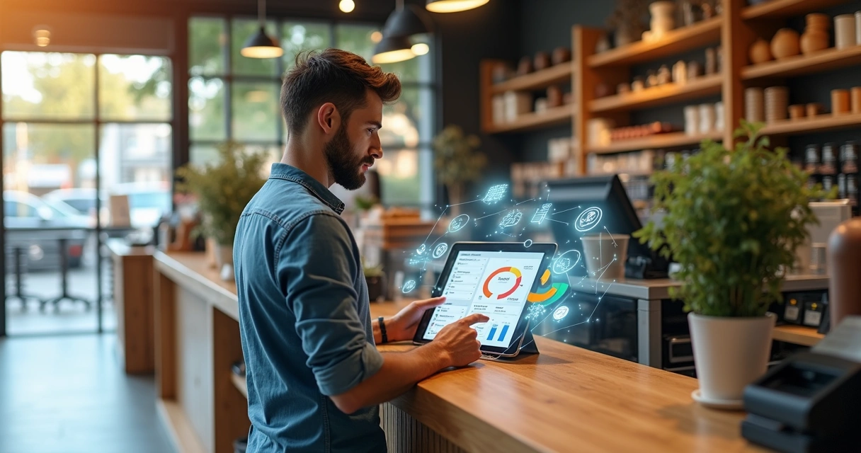 Dono de pequena loja usando painel de CRM personalizado em tablet atrás do balcão 