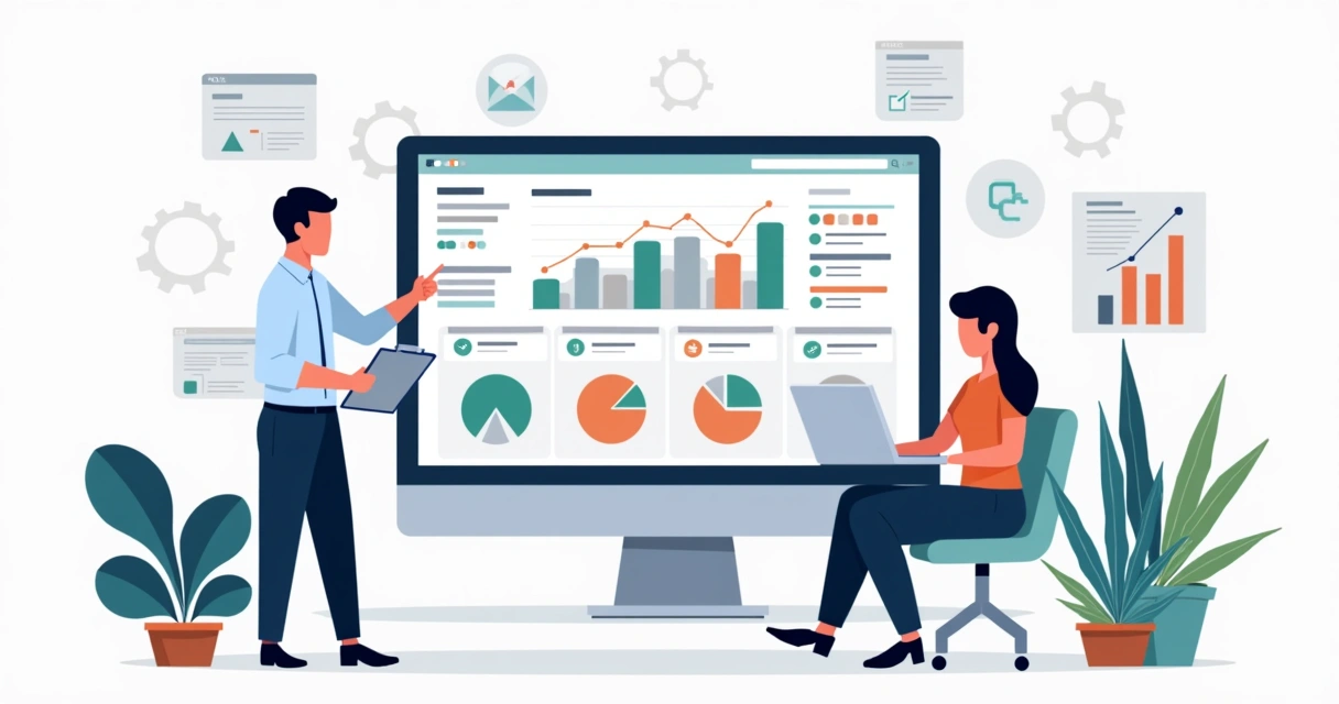 Gestor de pequena empresa organizando funil de vendas em CRM com equipe ao redor 