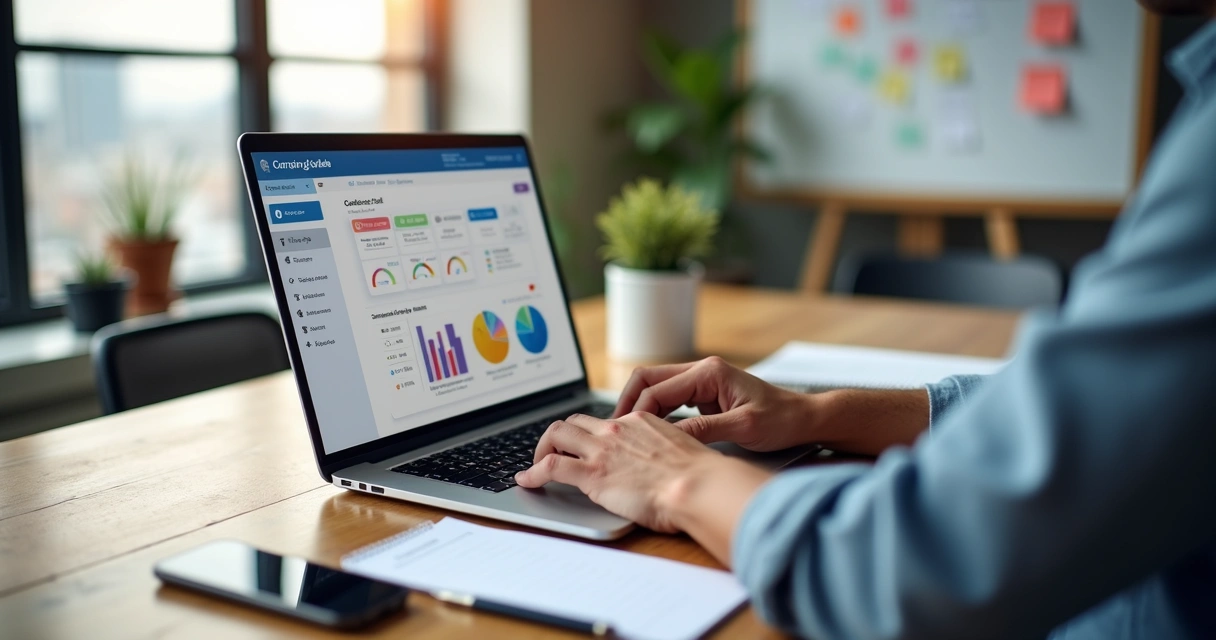 Empresário analisando painel de CRM com dados de clientes e funil de vendas em um notebook 