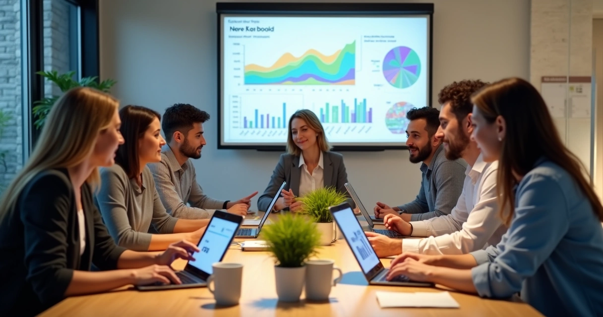 Equipe reunida em mesa analisando gráficos de clientes 