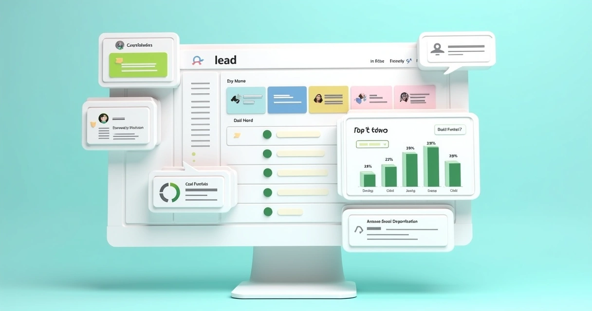 Interface de CRM personalizável mostrando lista de leads, funil de vendas e gráficos 