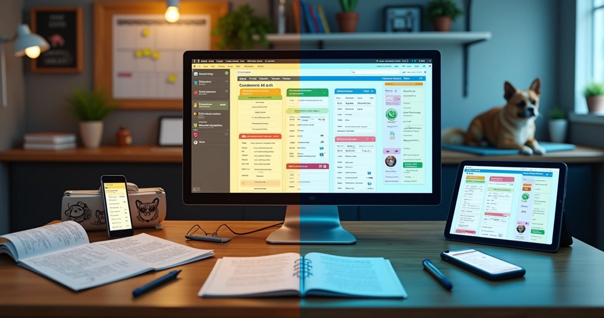 Duas mesas lado a lado comparando planilha em papel com sistema CRM em petshop de banho e tosa 