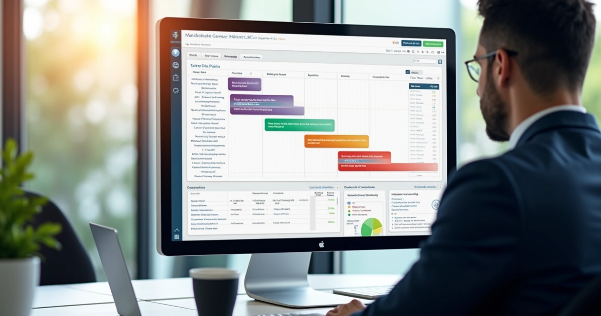 Painel digital de CRM com pipeline de vendas colorido 