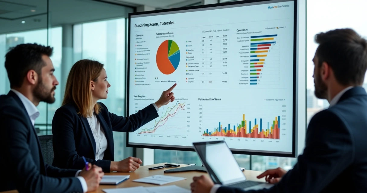 Equipe de vendas analisando dados de vendas e gráficos em um grande painel digital 