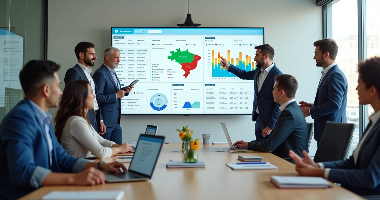 Equipe política analisando painel de CRM em grande tela em um escritório moderno 