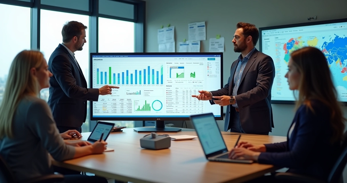 Tela de CRM político com equipe analisando dados de eleitores em um escritório moderno 