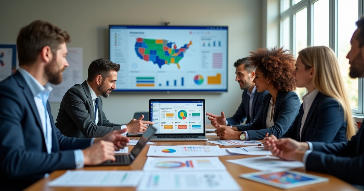 Equipe política usando software de CRM em notebook e tablet em reunião estratégica 