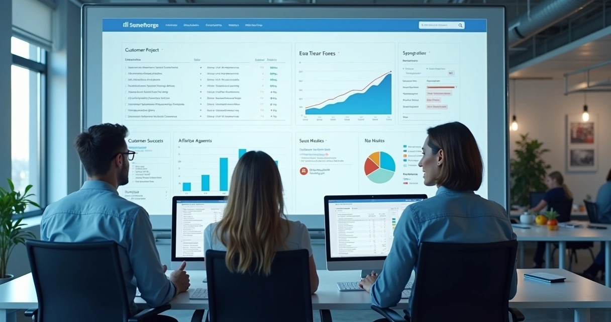 Equipe de tecnologia usando CRM para gestão de projetos e sucesso do cliente 