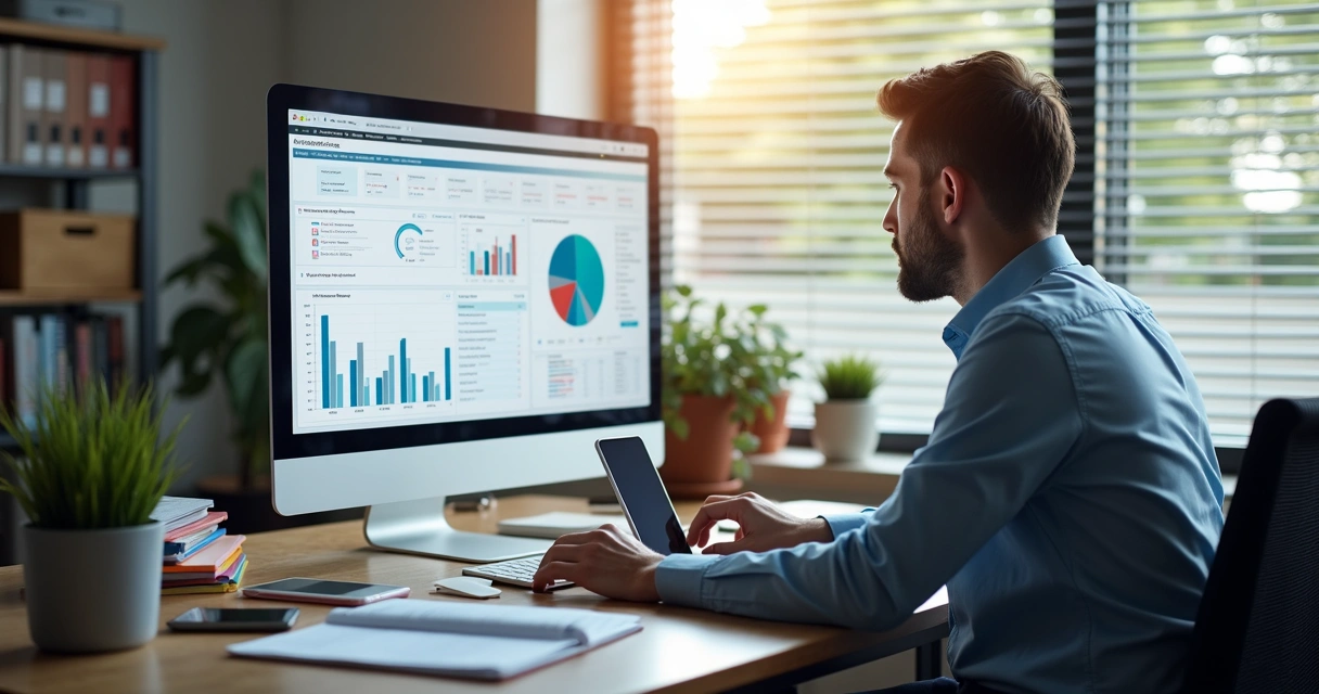 Profissional ao computador analisando dados de CRM 
