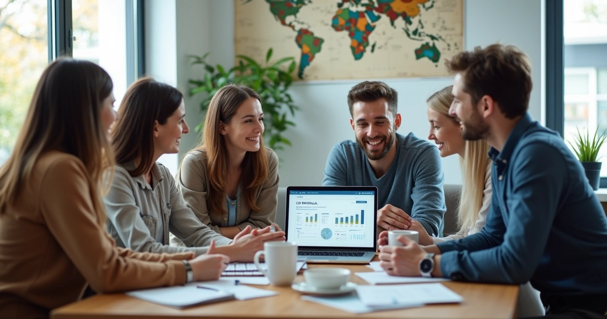 Equipe de agência de viagens usando CRM juntos na mesa 