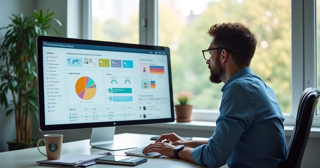 Funcionário analisa painel de CRM em monitor mostra dados de clientes 