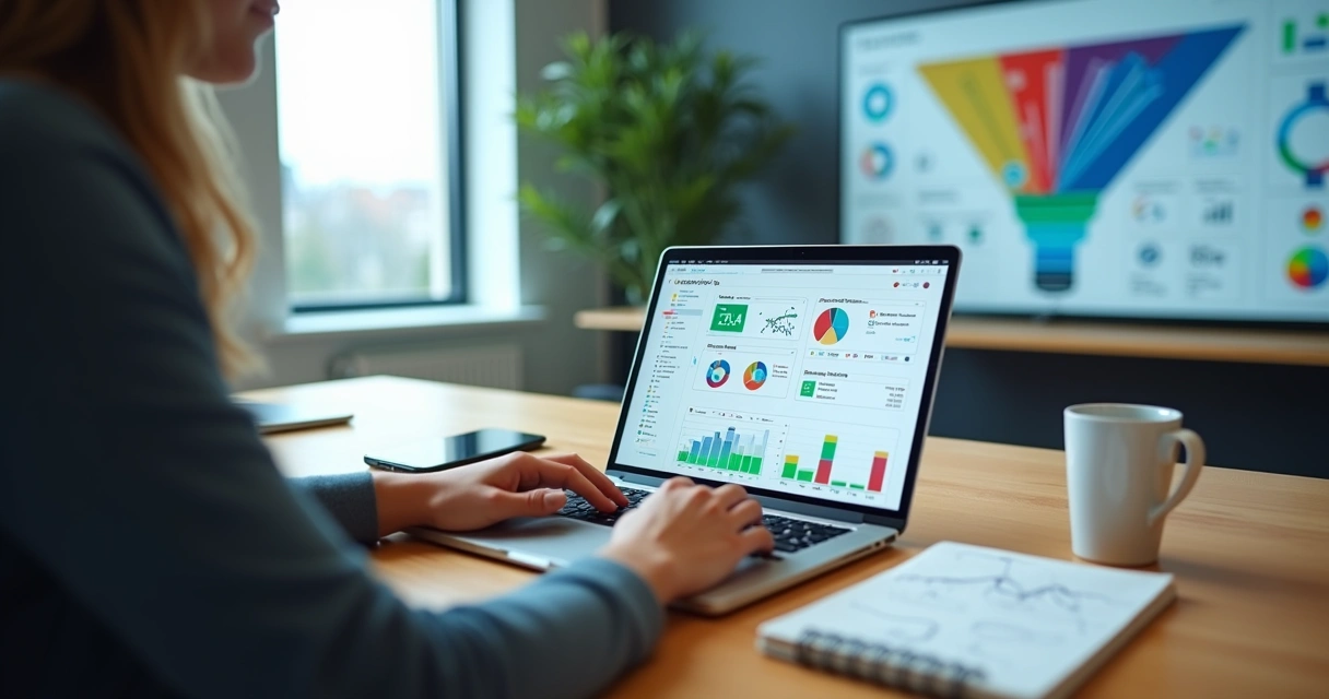 Profissional de marketing analisando painel de CRM com dados de clientes em laptop 